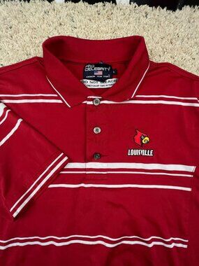Louisville Cardinals Polo Shirt Mens Large Red White Stripe PRO CELEBRITY
